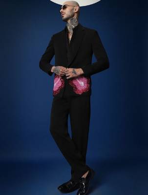 Hibiscus 3 peace black hand embroidered tuxedo shirt with pant 3