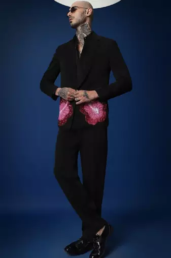 Hibiscus 3 peace black hand embroidered tuxedo shirt with pant