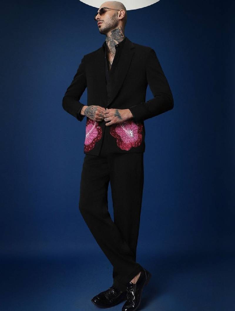 Hibiscus 3 peace black hand embroidered tuxedo shirt with pant