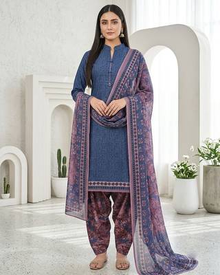 Blue printed cotton blend stitched geometric print salwar kurta dupatta for women 4
