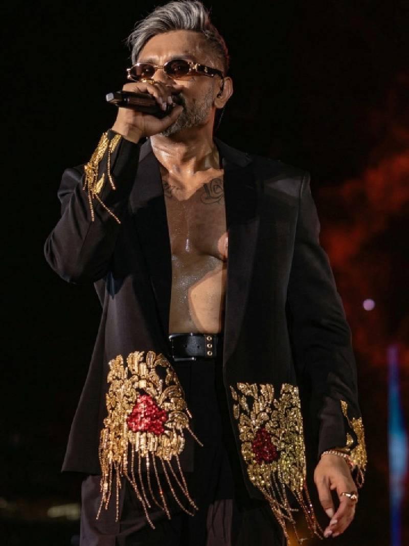Golden crest 3 peace black hand embroidered tuxedo shirt with pant