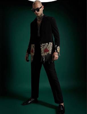 Golden crest 3 peace black hand embroidered tuxedo shirt with pant 3