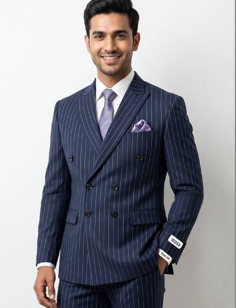 Striped peaked lapel collar double-breasted two-piece suit