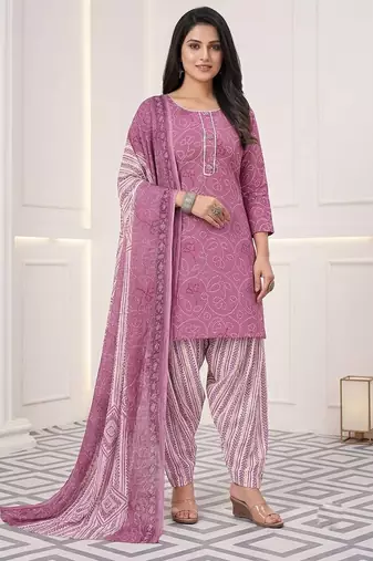 Pink printed cotton blend stitched bandhani print salwar kurta dupatta for women