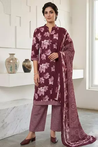 Wine printed cotton blend stitched floral print salwar kurta dupatta for women