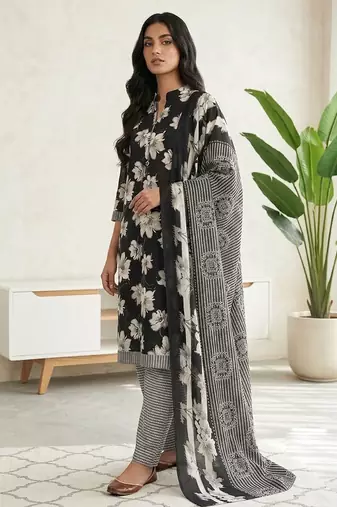 Black printed cotton blend stitched floral print salwar kurta dupatta for women
