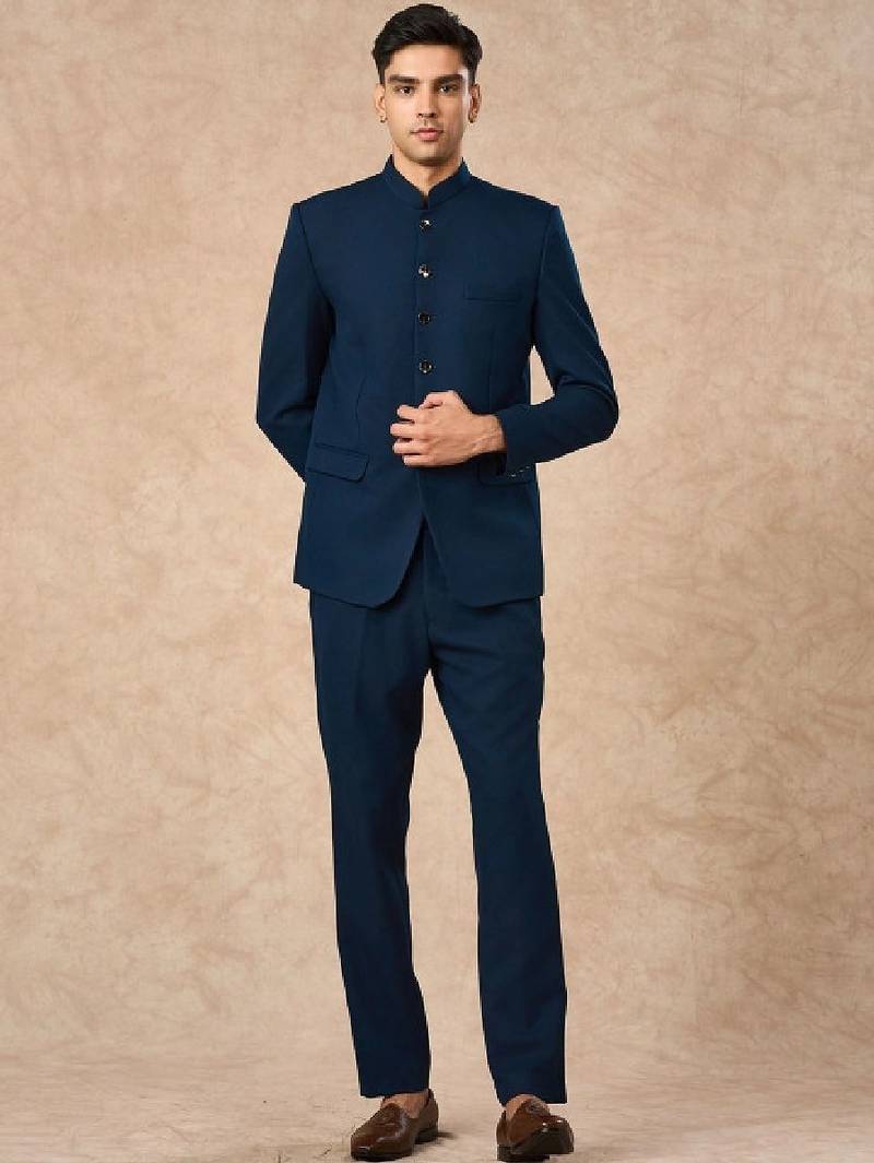 Mandarin collar tailored fit blazer and trousers suits