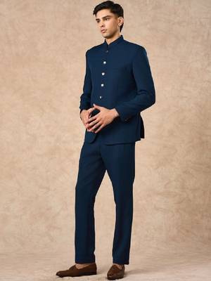 Mandarin collar tailored fit blazer and trousers suits 4