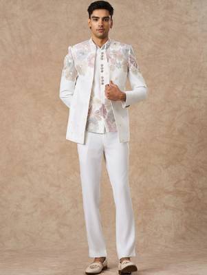Self design mandarin collar tailored fit 3 piece suits 1