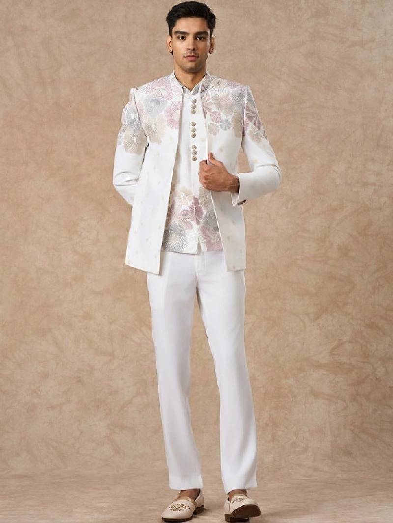 Self design mandarin collar tailored fit 3 piece suits
