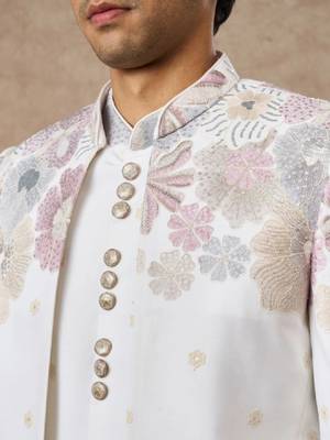 Self design mandarin collar tailored fit 3 piece suits 2