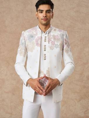 Self design mandarin collar tailored fit 3 piece suits 3