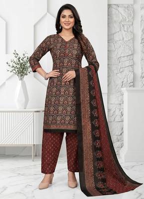 Brown printed cotton blend stitched ethnic motifs print salwar kurta dupatta for women 4