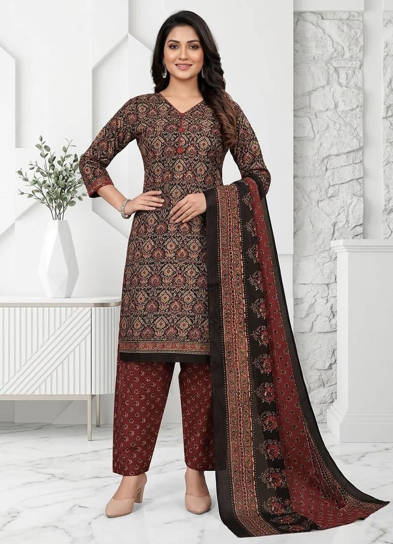 Brown printed cotton blend stitched ethnic motifs print salwar kurta dupatta for women
