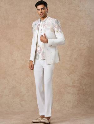 Self design mandarin collar tailored fit 3 piece suits 4