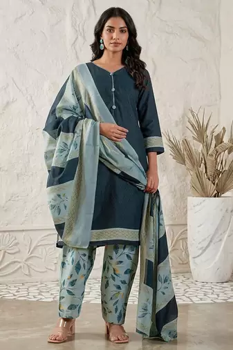 Teal printed cotton blend stitched geometric print salwar kurta dupatta for women