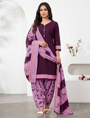 Purple printed cotton blend stitched geometric print salwar kurta dupatta for women 4