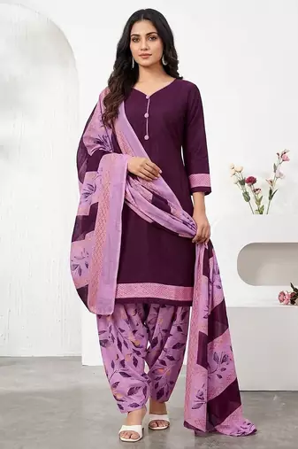 Purple printed cotton blend stitched geometric print salwar kurta dupatta for women