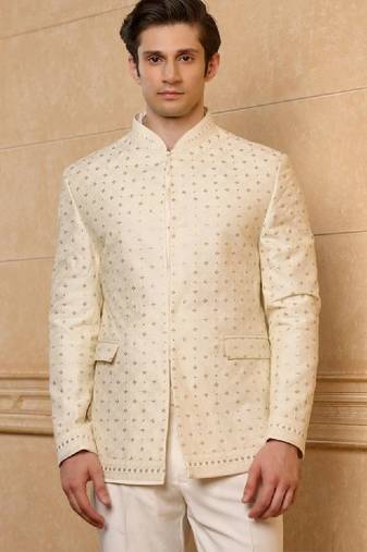 Self design mandarin collar 2 piece bandhgala suits