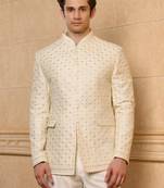 Self design mandarin collar 2 piece bandhgala suits