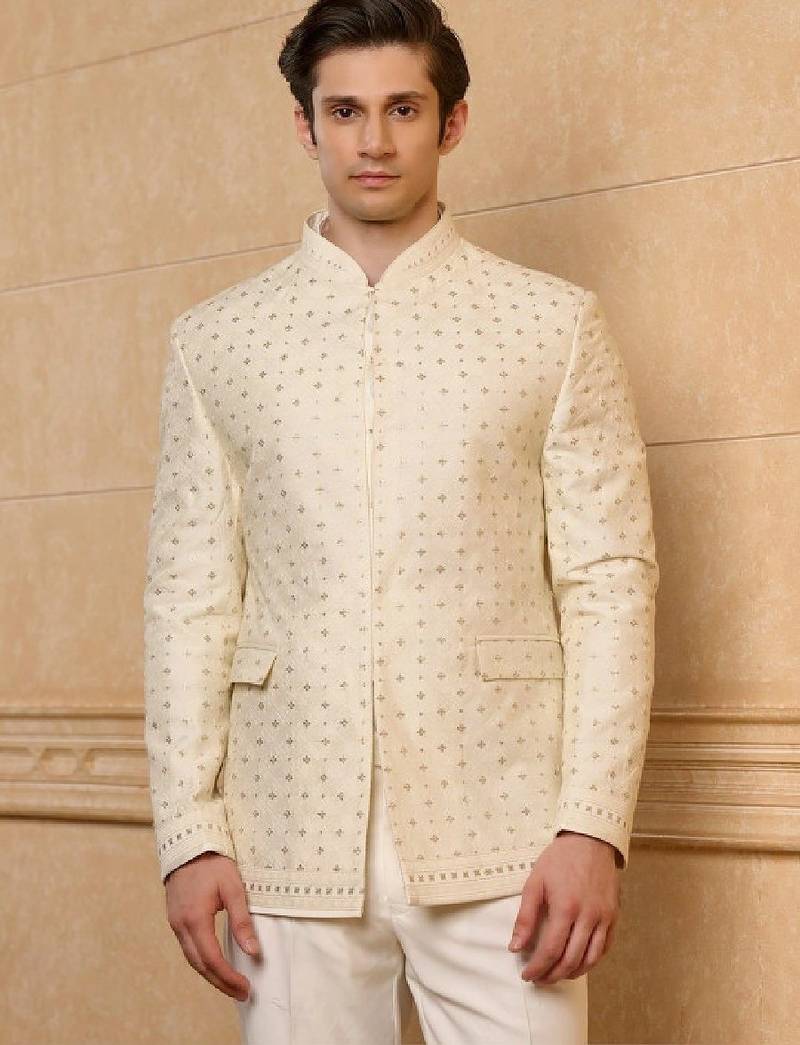 Self design mandarin collar 2 piece bandhgala suits