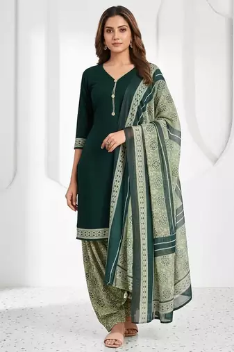 Green printed cotton blend stitched geometric print salwar kurta dupatta for women