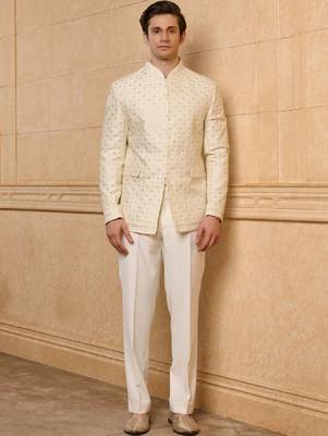 Self design mandarin collar 2 piece bandhgala suits 3