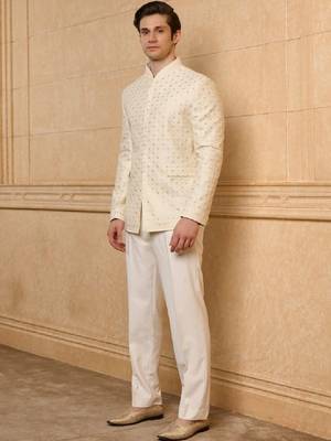 Self design mandarin collar 2 piece bandhgala suits 4