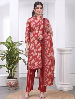 Red printed cotton blend stitched floral print salwar kurta dupatta for women 4