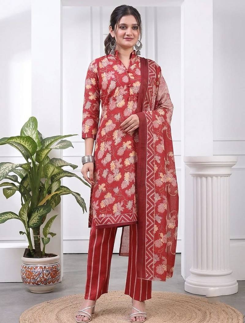 Red printed cotton blend stitched floral print salwar kurta dupatta for women