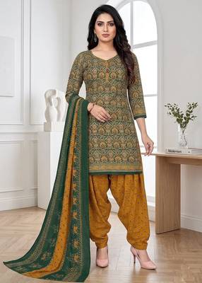 Green printed cotton blend stitched ethnic motifs print salwar kurta dupatta for women 4