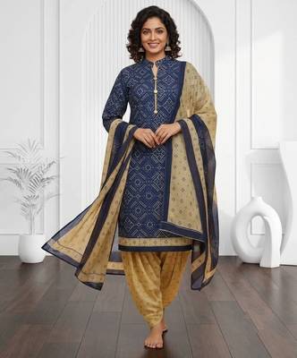 Blue printed cotton blend stitched bandhani print salwar kurta dupatta for women 4