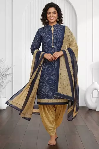 Blue printed cotton blend stitched bandhani print salwar kurta dupatta for women