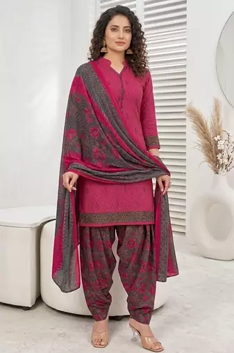 Pink printed cotton blend stitched geometric print salwar kurta dupatta for women