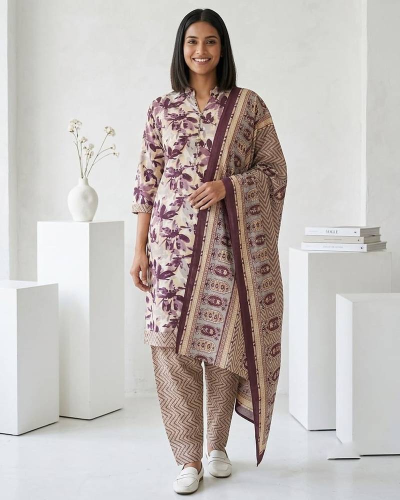 Purple printed cotton blend stitched floral print salwar kurta dupatta for women