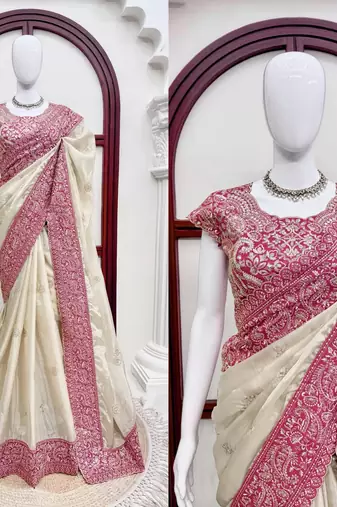 silk blend embroidered work saree with blouse