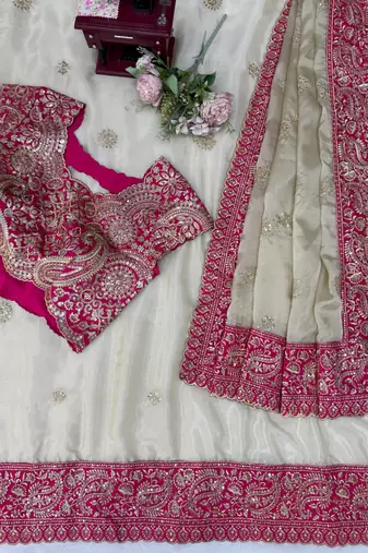 silk blend embroidered work saree with blouse