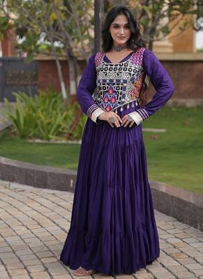 Designer rayon gown with mirror work blouse, gota patti & codi lace 4 layered 12 meter flair ethnic wear set 1