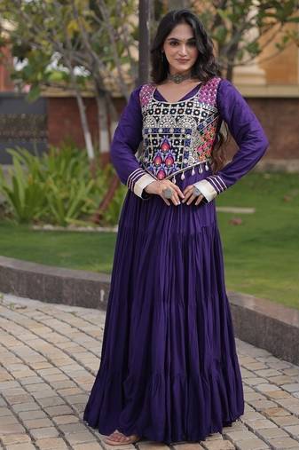 Designer rayon gown with mirror work blouse, gota patti & codi lace 4 layered 12 meter flair ethnic wear set