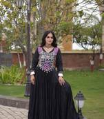 Designer rayon gown with mirror work blouse, gota patti & codi lace 4 layered 12 meter flair ethnic wear set