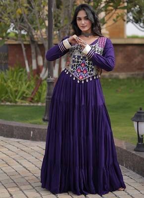Designer rayon gown with mirror work blouse, gota patti & codi lace 4 layered 12 meter flair ethnic wear set 2