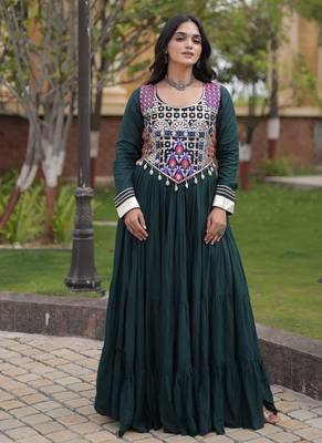 Designer rayon gown with mirror work blouse, gota patti & codi lace 4 layered 12 meter flair ethnic wear set 1