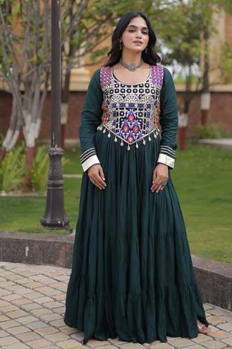 Designer rayon gown with mirror work blouse, gota patti & codi lace 4 layered 12 meter flair ethnic wear set