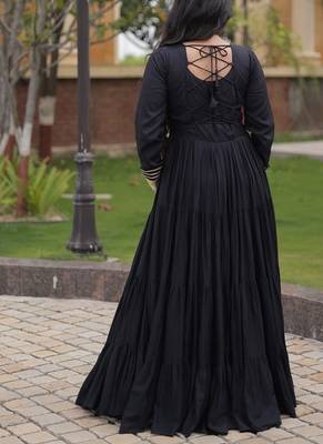 Designer rayon gown with mirror work blouse, gota patti & codi lace 4 layered 12 meter flair ethnic wear set 2