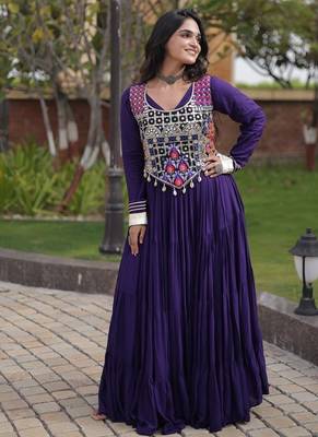 Designer rayon gown with mirror work blouse, gota patti & codi lace 4 layered 12 meter flair ethnic wear set 3