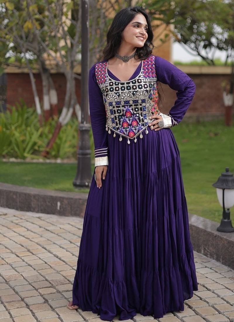 Designer rayon gown with mirror work blouse, gota patti & codi lace 4 layered 12 meter flair ethnic wear set