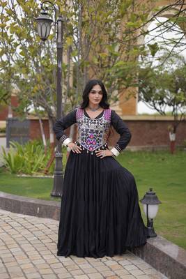 Designer rayon gown with mirror work blouse, gota patti & codi lace 4 layered 12 meter flair ethnic wear set 3