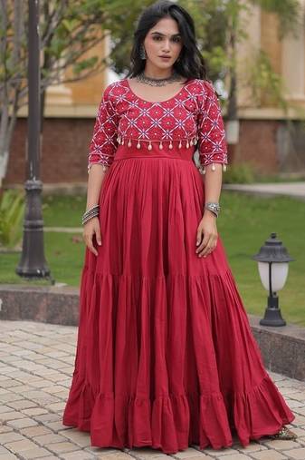 Designer kora cotton embroidered gown with real mirror work  free size with 38 44 inch margin