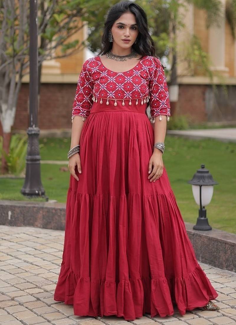 Designer kora cotton embroidered gown with real mirror work  free size with 38 44 inch margin