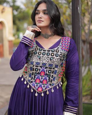 Designer rayon gown with mirror work blouse, gota patti & codi lace 4 layered 12 meter flair ethnic wear set 4